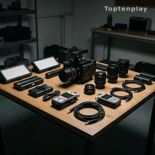 Matériel de tournage cinéma disposé sur une table de préparation