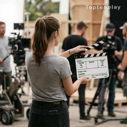 Jeune réalisatrice de dos tenant un clap sur un plateau de tournage