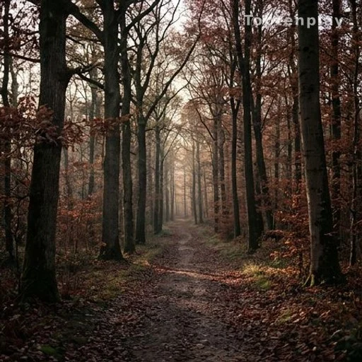 Allée forestière sombre évoquant la forêt des Templiers