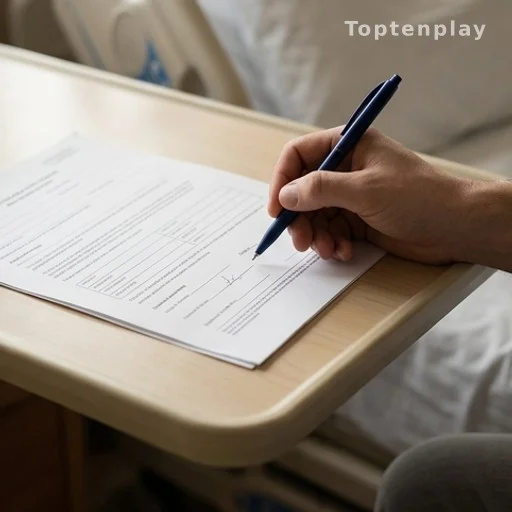 Main tenant un stylo au-dessus d'un document officiel dans une chambre d'hôpital