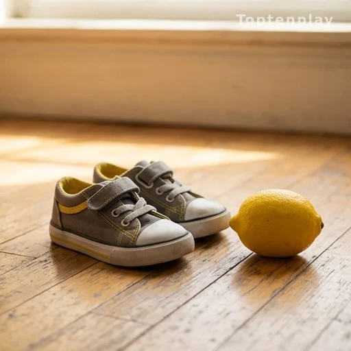 Petites chaussures d'enfant posées à côté d'un citron jaune sur un parquet