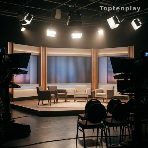 Plateau de télévision vide avec éclairage de studio allumé, illustrant un changement d'animateur