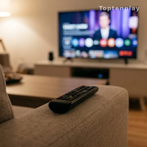 Télécommande posée sur un canapé devant un écran de télévision diffusant une émission de divertissement