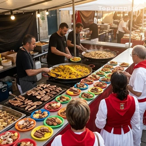 Stand de restauration festif avec assiettes de paëlla et grillades exposées