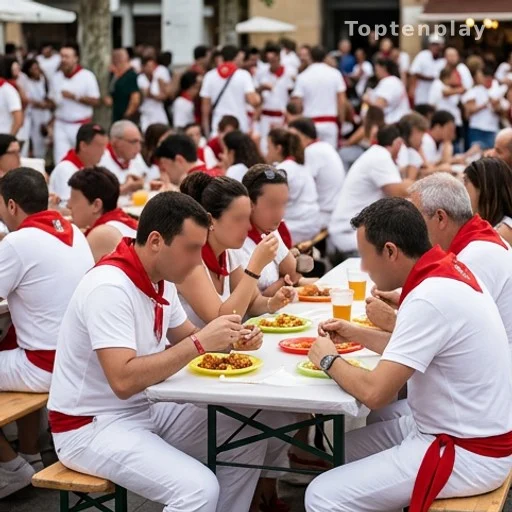 Visiteurs de feria attablés en tenue blanche et rouge devant des assiettes festives