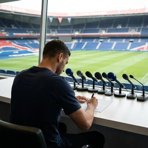 Joueur de football signant son contrat lors d'une présentation officielle au PSG