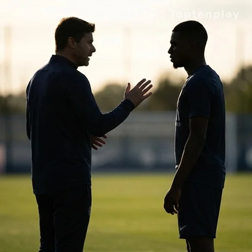 Entraîneur donnant des consignes à un attaquant lors d'un entraînement de football