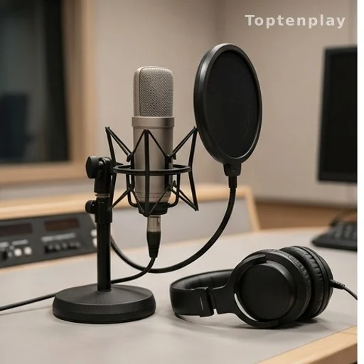Microphone et casque dans un studio de radio, symboles d'une émission de consommation