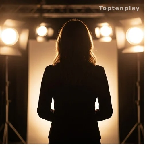 Silhouette d'une animatrice de dos face aux lumières d'un plateau de télévision