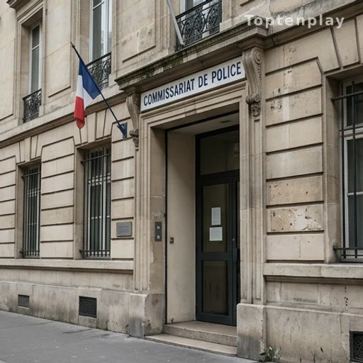 Entrée d'un commissariat parisien, façade en pierre, journée