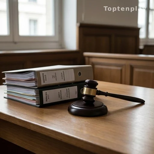 Documents judiciaires et marteau de juge sur un bureau de tribunal