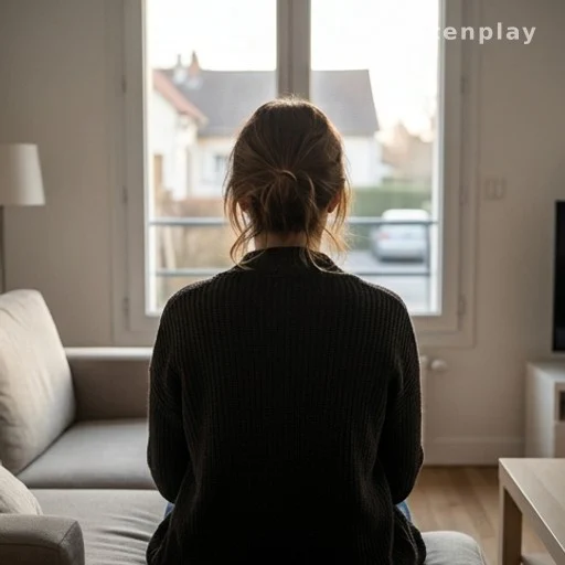 Silhouette de femme de dos assise près d'une fenêtre, lumière naturelle douce