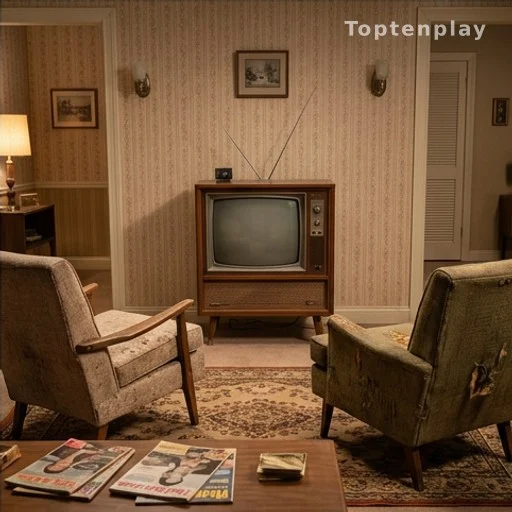 Deux fauteuils vides devant une télévision vintage dans un salon chaleureux