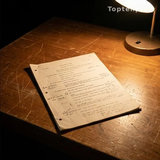 Gros plan d'un script de tournage annoté sur une table en bois sous lumière chaude
