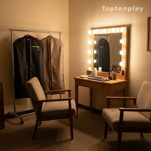 Loge de tournage avec deux chaises et une coiffeuse évoquant deux comédiens partenaires
