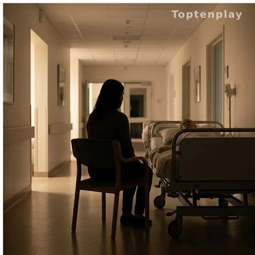 Silhouette d'une femme veillant au chevet d'un proche dans un couloir d'hôpital