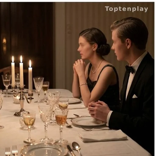 Table de dîner élégante des années 1950 à Oslo, deux silhouettes en tenue de soirée