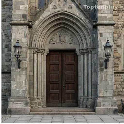Façade en pierre d'une cathédrale scandinave avec portes en bois, lumière matinale