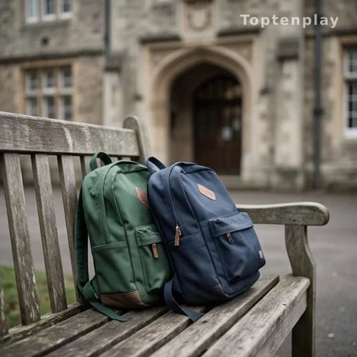 Sacs d'écoliers devant une entrée d'école britannique traditionnelle