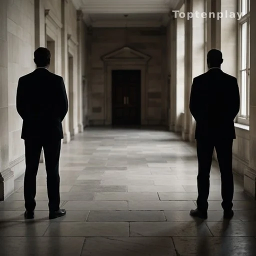 Deux silhouettes masculines éloignées dans un couloir formel, illustrant une distance fraternelle