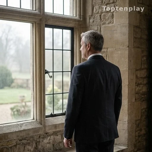 Silhouette d'un homme en costume devant une demeure en pierre au Royaume-Uni