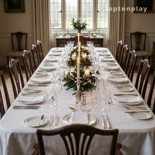 Table de dîner de fête dans un manoir anglais évoquant un rassemblement familial royal