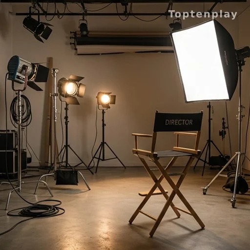 Plateau de tournage vide avec éclairages professionnels et chaise de réalisateur
