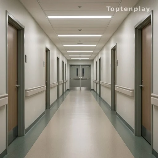 Couloir d'hôpital vide avec éclairage clinique symbolisant une hospitalisation