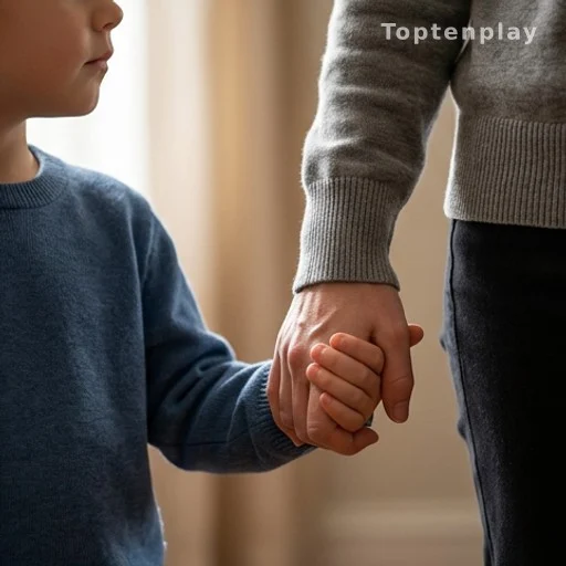 Main d'enfant tenant une main adulte, lumière naturelle douce