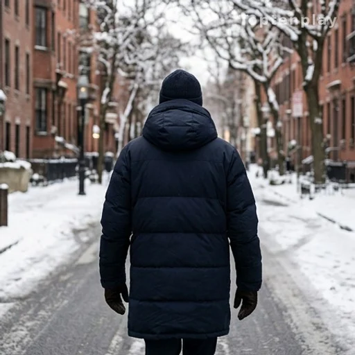 Passant de dos dans une rue en hiver sous une légère neige
