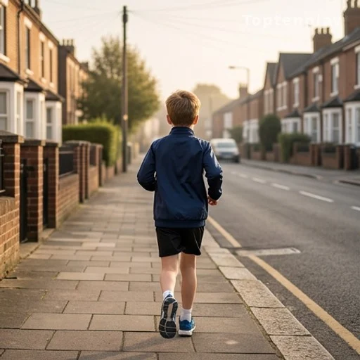 Enfant de dos courant dans une rue résidentielle en Angleterre