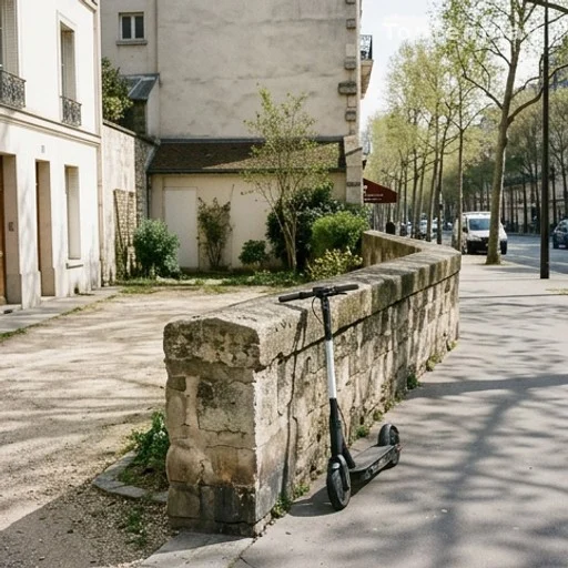 Cour privée avec mur bas et trottinette électrique posée à l'intérieur