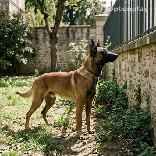 Chien malinois en position d'alerte dans un jardin privé