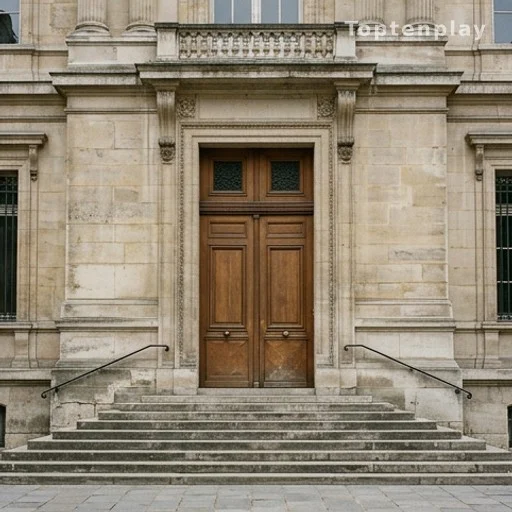 Façade d'un palais de justice français en pierre avec escalier d'entrée