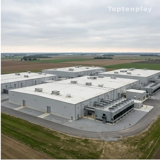 Datacenter industriel entouré de terres agricoles plates sous ciel couvert
