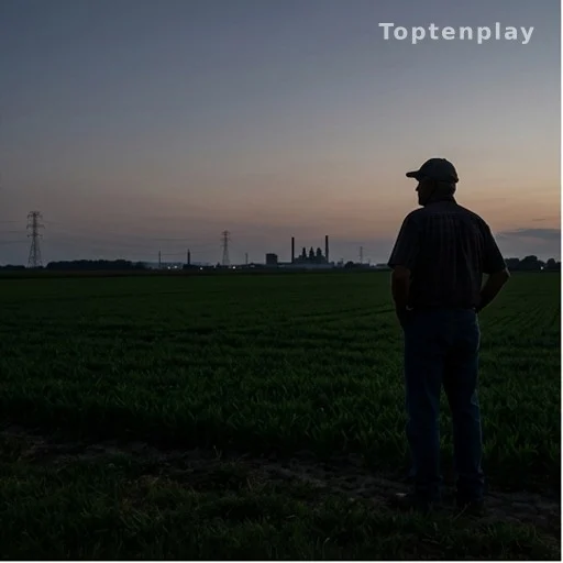 Silhouette d'agriculteur au bord d'un champ face à un horizon industriel au crépuscule