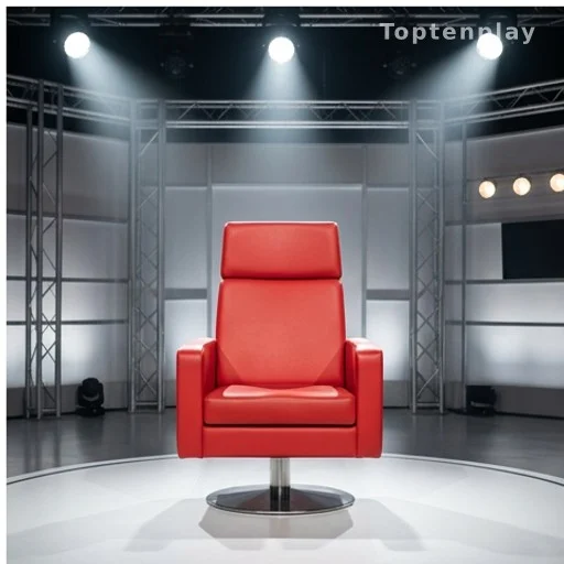 Fauteuil rouge d'un plateau de jeu télévisé sous les projecteurs