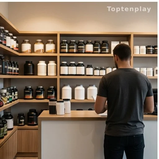 Boutique de compléments alimentaires avec rayons et gérant de dos