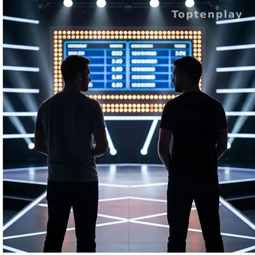 Deux candidats face à face sur un plateau de jeu télévisé, vus de dos
