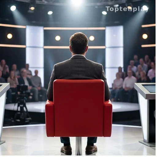 Nouveau champion assis de dos dans le fauteuil rouge d'un plateau télévisé