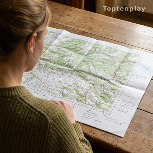 Personne de dos consultant une carte annotée pour planifier un déménagement en village