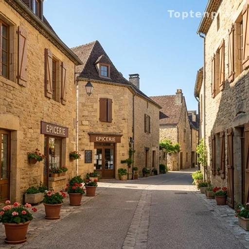 Rue pavée d'un village médiéval français avec maisons en pierre et commerces de proximité