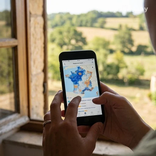 Mains tenant un smartphone affichant une carte de couverture réseau mobile en zone rurale