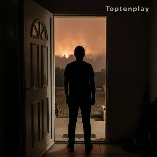 Silhouette d'une personne face à la lueur d'un incendie de forêt la nuit