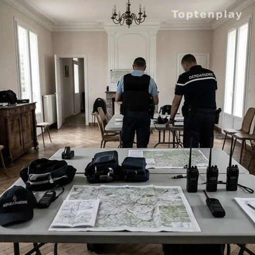 Intérieur d'une maison aménagé en poste de commandement temporaire pour gendarmes