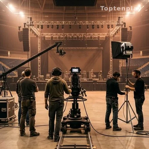 Équipe de production installant des caméras sur la scène d'un concert caritatif