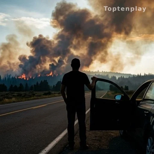 Silhouette d'une personne observant un incendie de forêt avec une épaisse fumée