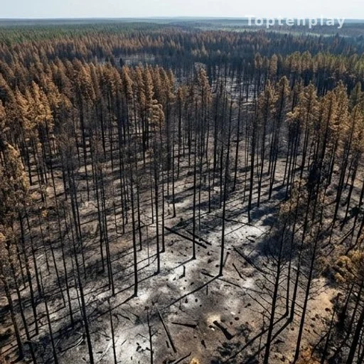 Forêt de pins calcinée après les incendies de Gironde, vue large sur les dégâts