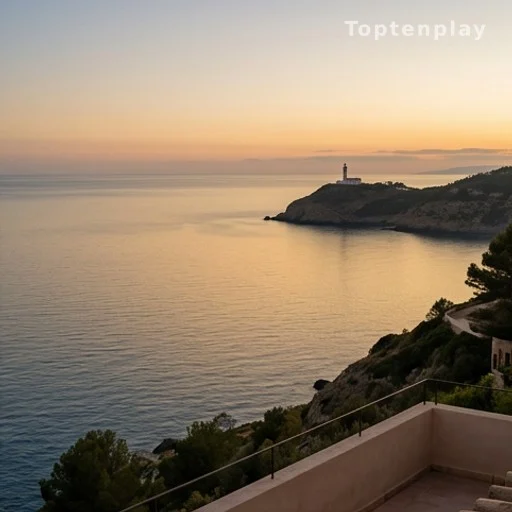Vue depuis une terrasse sur le mont Saint-Clair vers la mer et un phare