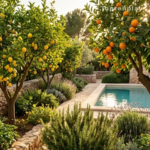 Jardin méditerranéen avec agrumes et piscine chauffée au sel